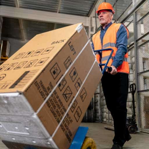 Moving business page image of a man using a trolley to move a large carton