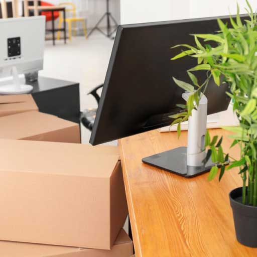 Moving office page image of a plant on a desk and moving boxes