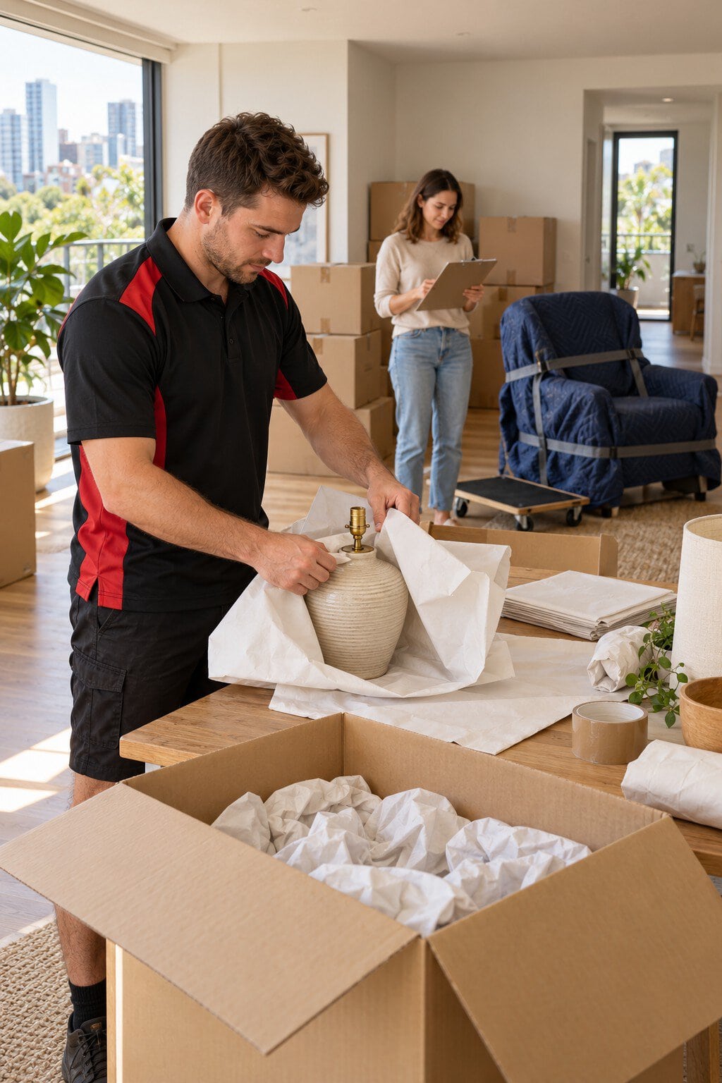 Professional packer wrapping a lamp, with packed boxes and blanket-protected furniture ready for moving.