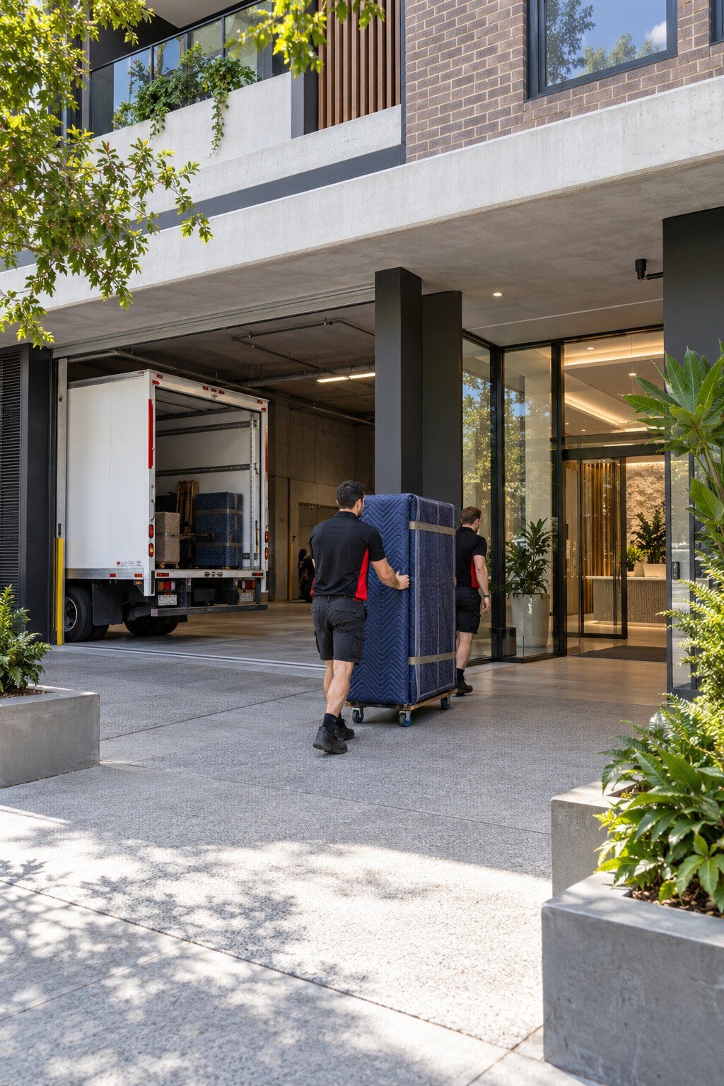 Movers transporting a protected cabinet from a loading bay to an apartment entrance.